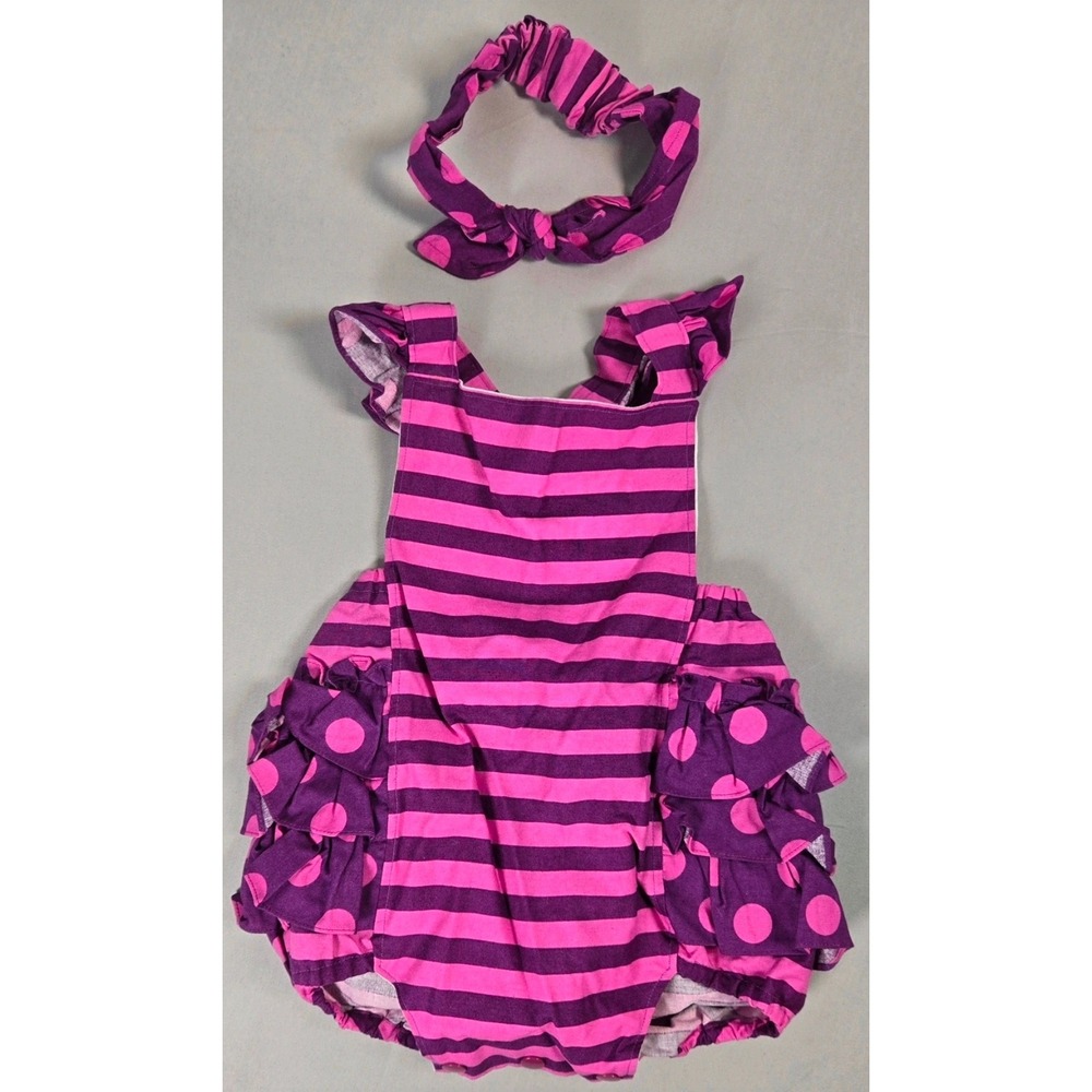 Cheshire Cat Purple Pink Striped Polka Dot Ruffle Romper Baby Girls 18-24M - Picture 1 of 3